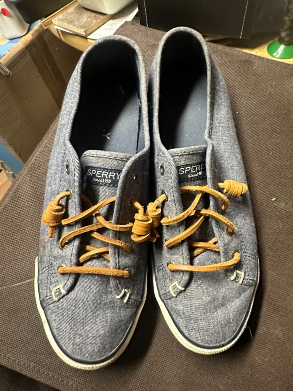 Sperry Women’s Blue Canvas Boat Shoes with Tan Laces